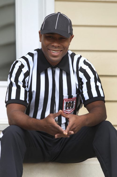 Dave Donaldson, former CFL player for 10 years who has been an amateur football official for 6 years and is in his 2nd year a Canadian Football League official.See Ashley Prest 49.8 story- Sept 17, 2013   (JOE BRYKSA / WINNIPEG FREE PRESS)