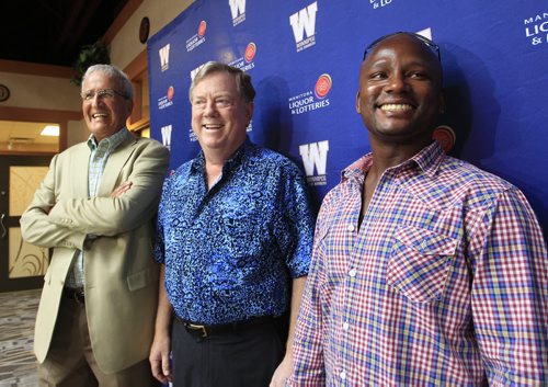 The latest Winnipeg Football Club Hall of Fame inductees from right, former Bombers running back Charles Roberts, past President George Graham and former CJOB executive Ralph Warrington in the media category were introduced to media Wednesday morning. The three honourees will be inducted during the Legacy Dinner at Canad Inns Polo Park on Wednesday,( September 18th).    Wayne Glowacki / Winnipeg Free Press Sept. 18 2013