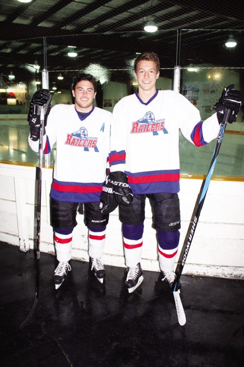 Canstar Community News Sept. 10, 2013 - Greg Myall and Mason Gibson of the Transcona Railer Express are shown before a recent practice at Ed Golding Arena. (DAN FALLOON/CANSTAR COMMUNITY NEWS/HERALD)