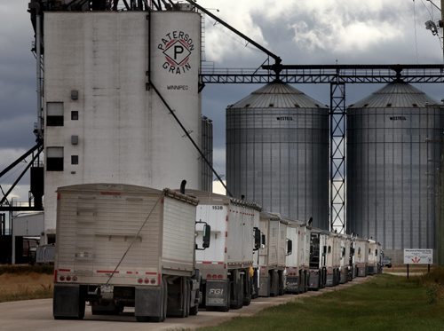 A long line of trucks waits to deliver a record harvest at the Patterson Inland Grain Terminal Friday on the NW outskirts of WInnipeg. See Larry Kusch story. September 20, 2013 - (Phil Hossack / Winnipeg Free Press)