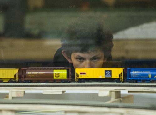 130921 Winnipeg - DAVID LIPNOWSKI / WINNIPEG FREE PRESS (September 21, 2013)  Thirteen year old Trevor Langford checks out some of the Winnipeg Model Railway Club's model trains during Railway Days at Union Station Saturday afternoon. Railway Days features: industry, travel, hobby and rail heritage displays.