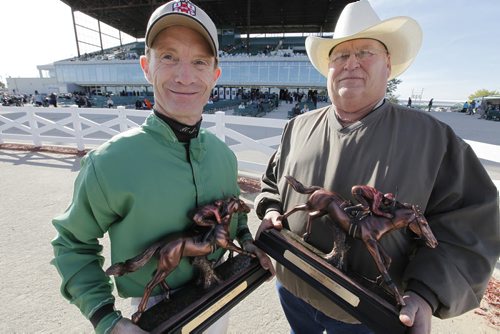 September 22, 2013 - 130922  -  Paul Nolan and Ardell Sayler the top jockey and trainer, respectively, are photographed at Assiniboia Downs Sunday, September 22, 2013.  John Woods / Winnipeg Free Press