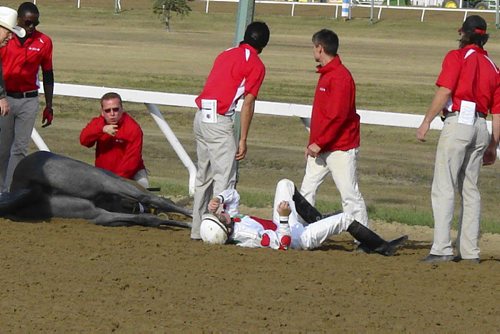 photos from the race track showing Downs leading jockey Paul Nolan in the dirt, with his horse Smoke Show lying beside him, after they clicked heels with Regal Silver in the Buffalo Stakes (eighth race) yesterday on the final day off the season at Assiniboia downs. Assiniboia Downs leading jockey title winner for 2013 lies in the dirt after his horse Smoke Show clicked heels with Regal Silver and crashed head first into the dirt, half a furlong from the finish line during the 51st running of the $50,000 Buffalo Stakes for two-year-old Manitoba-bred horses Sunday. Both Nolan and Smoke Show eventually got up, and walked off under their own steam. Regal Silver was disqualified. Septmeber 22 2013. Allan Besson / Winnipeg Free Press.