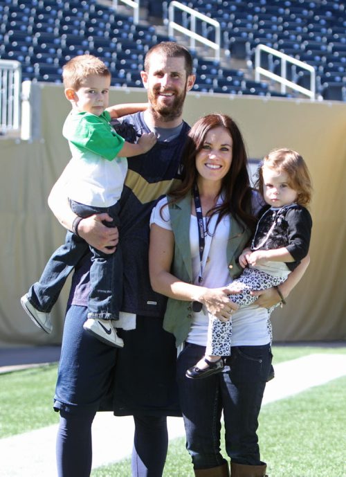 Winnipeg Blue Bomber QB Max Hall - #15 spends some time with his kids - 3 year old Rex,2 year old Hayden and his wife McKinzi on Investors Group field after practice Tuesday. Standup sports. Sept  24,, 2013 Ruth Bonneville Winnipeg Free Press