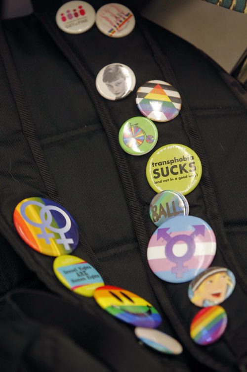 For Owen story on guidance counselor Tara Didychuk and a student group she set up Friends Recognizing Everyone Equally. Its a gay-straight alliance and they want to describe how the group works and that critics of Bill 18 have nothing to fear. Some buttons on one of the kids backpacks. BORIS MINKEVICH / WINNIPEG FREE PRESS. Sept. 24, 2013