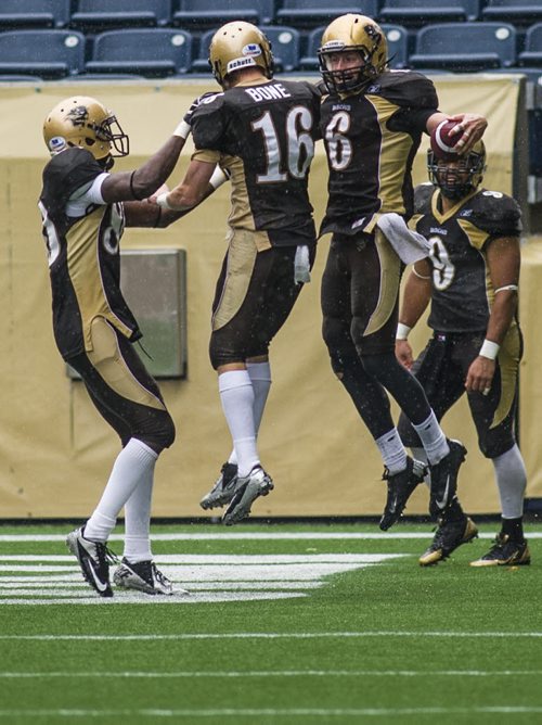 130928 Winnipeg - DAVID LIPNOWSKI / WINNIPEG FREE PRESS (September 28, 2013)  University of Manitoba Bisons celebrate Andrew Smith's (#6) (second from right) touchdown against the University of Regina Rams at Investors Group Field Saturday afternoon. The Bisons defeated the Rams 34-15.