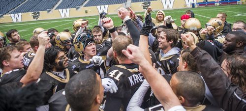 130928 Winnipeg - DAVID LIPNOWSKI / WINNIPEG FREE PRESS (September 28, 2013)  University of Manitoba Bisons celebrate their win over the University of Regina Rams at Investors Group Field Saturday afternoon. The Bisons defeated the Rams 34-15.