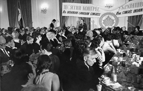 Winnipeg Free Press Archives October 11, 1971 Prime Minister Trudeau (background) addressing the 10th Ukrainian Canadian Congress in the Hotel Fort Garry.