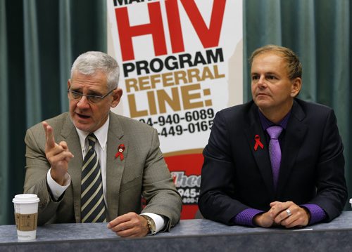 HIV in Manitoba Event at HSC -(left) Dr. Julio Montaner Director of the BC Centre for Excellence in HIV / AIDS speaks about funding treatment for those stricken by  HIV/ Aids  , with him is DR. Ken Kasper  Director of HIV / Aids in Manitoba- with story   KEN GIGLIOTTI / Oct. 1 2013 / WINNIPEG FREE PRESS
