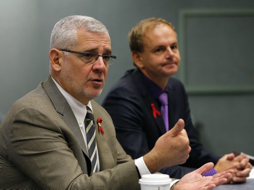 HIV in Manitoba Event at HSC -(left) Dr. Julio Montaner Director of the BC Centre for Excellence in HIV / AIDS speaks about funding treatment for those stricken by  HIV/ Aids  , with him is DR. Ken Kasper  Director of HIV / Aids in Manitoba- with story   KEN GIGLIOTTI / Oct. 1 2013 / WINNIPEG FREE PRESS