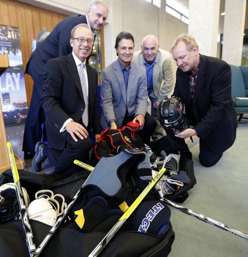 Thomas Steen and Mayor Katz launches  2nd Annual Hockey Equipment Drive to collect second hand  hockey equipment , skates and sticks for for kids who wish to play hockey but need help  and support to do so.Equipment cann be dropped off to any city area or at City Hall , KidSport will distribute the equipment-LtoR Äì Mayor Sam Katz , top Monte Miller  Executive Director of Hockey Wpg ,Jeff Hnatiuk Pres. CEO of Sport Mb. , Peter Woods and City Councillor Thomas Steen 
KEN GIGLIOTTI / Oct. 1 2013 / WINNIPEG FREE PRESS
