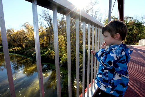 Three year old Jesse Fournier looks out on the La Salle fiver from the La Barriere Park bridge Wednesday afternoon after speeding the day walking the trails with his mom and dog Bruce. Standup photo for photo page Oct   10,, 2013 Ruth Bonneville Winnipeg Free Press