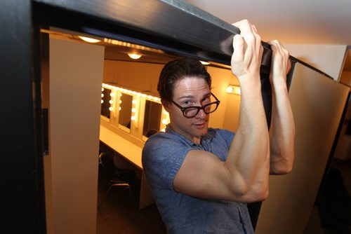 Actor Jeremy Walmsley who is playing a doctor in MTC production of Harvey, manages to get in his strength training routine done  in tight spaces.   See Ashley Prest story on Training Basket.  Oct   10,, 2013 Ruth Bonneville Winnipeg Free Press
