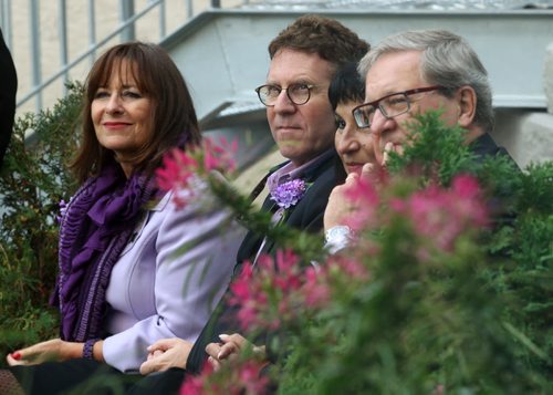 Left to right, Gail and David Asper sit with Ruth Asper and Lloyd Axworthy at an opening ceremony for Bab's Asper Lilac Garden at the U of W Thursday. See release/story. October 3, 2013 - (Phil Hossack / Winnipeg Free Press)