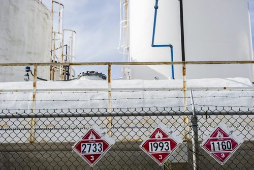 130410 Winnipeg - DAVID LIPNOWSKI / WINNIPEG FREE PRESS (October 04, 2013)  Signs of danger, flammable materials, hazardous materials, and railway cars in the Mission Industrial Neighbourhood due to the heavy industry in the area. For Aldo Santin story