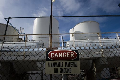 130410 Winnipeg - DAVID LIPNOWSKI / WINNIPEG FREE PRESS (October 04, 2013)  Signs of danger, flammable materials, hazardous materials, and railway cars in the Mission Industrial Neighbourhood due to the heavy industry in the area. For Aldo Santin story