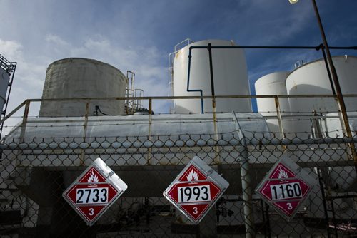 130410 Winnipeg - DAVID LIPNOWSKI / WINNIPEG FREE PRESS (October 04, 2013)  Signs of danger, flammable materials, hazardous materials, and railway cars in the Mission Industrial Neighbourhood due to the heavy industry in the area. For Aldo Santin story