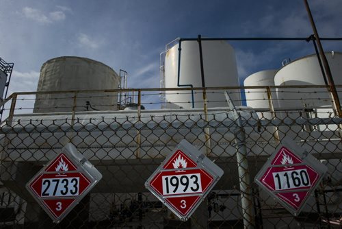 130410 Winnipeg - DAVID LIPNOWSKI / WINNIPEG FREE PRESS (October 04, 2013)  Signs of danger, flammable materials, hazardous materials, and railway cars in the Mission Industrial Neighbourhood due to the heavy industry in the area. For Aldo Santin story