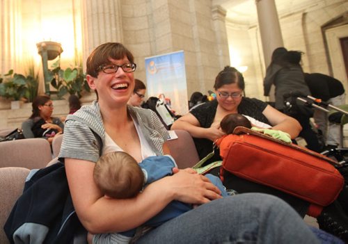 BREASTFEEDING RECORD ATTEMPTED - Trish Sale nurses her 3 month old son Alex  with 54 other moms and their babies in the Rotunda at the Leg Saturday morning to bring awareness to National Breastfeeding week. See story. Oct   03,, 2013 Ruth Bonneville Winnipeg Free Press