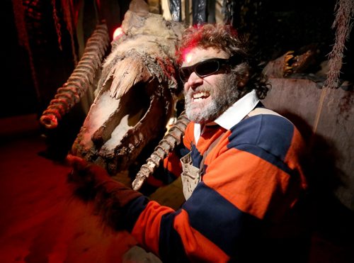 James Thevenot, owner of Six Pines Ranch, showing his strength as he wrestles with "Shirley" a giant monster in their haunted house, Saturday, October 5, 2013. (TREVOR HAGAN/WINNIPEG FREE PRESS) - for ashley prest training basket
