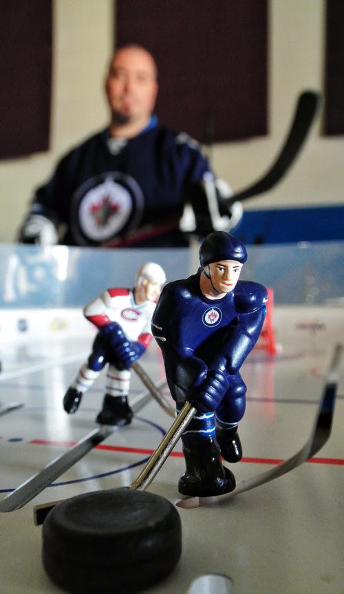 Close-up of mini-hockey player(s) for Intersection piece on table hockey at Chad Brown's warehouse. 131007 - October 07, 2013 MIKE DEAL / WINNIPEG FREE PRESS