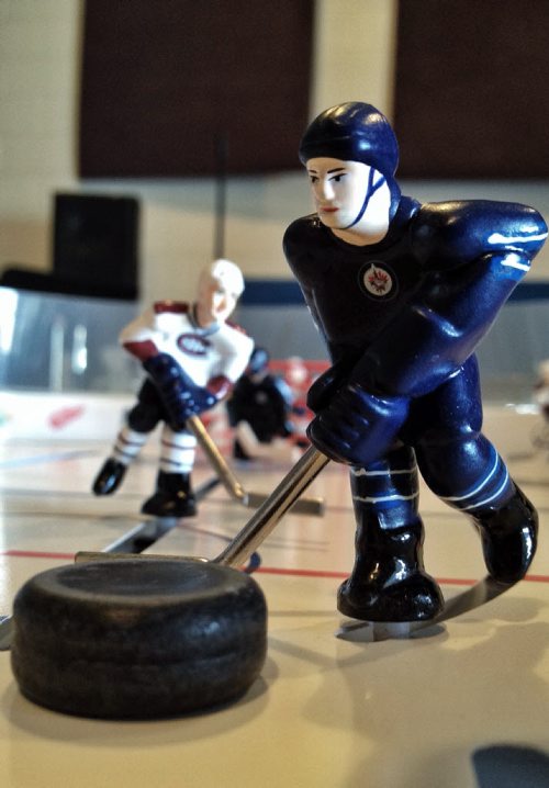 Close-up of mini-hockey player(s) for Intersection piece on table hockey at Chad Brown's warehouse. 131007 - October 07, 2013 MIKE DEAL / WINNIPEG FREE PRESS