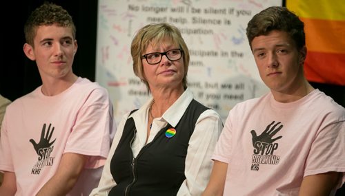 Bill 18, NDP anti-bullying bill, was passed in mid-September and proclaimed law today. Education Minister Nancy Allan (centre) was emotional during the announcement at Kelvin High School with students Alex Tivoli (left) and Sam Friesen-Beardsell. 131010 - Thursday, October 10, 2013 - (Melissa Tait / Winnipeg Free Press)