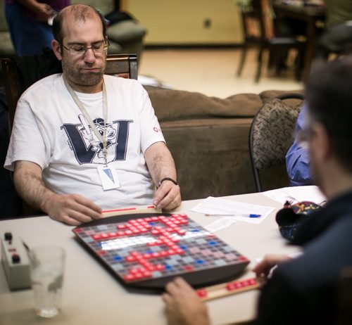 Richard Charach considers his tiles during the game. Winnipeg Scrabble Club  Story by Dave Sanderson 130926 - Thursday, September 26, 2013 - (Melissa Tait / Winnipeg Free Press)