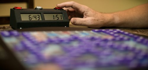 Like competitive chess, tournament Scrabble has a clock that times the game. Players have 25 minutes total to complete their entire game to avoid penalty. They tap their clock when each turn is done.  Winnipeg Scrabble Club  Story by Dave Sanderson 130926 - Thursday, September 26, 2013 - (Melissa Tait / Winnipeg Free Press)
