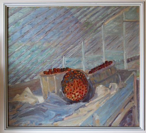 The Lemoine Fitzgerald Group of Seven painting donated for the Guardian Angel Cancer Care tea and fundraiser. It has been appraised by Loch Gallery at a value of $7500-See Gordon Sinclair story- Oct 11, 2013   (JOE BRYKSA / WINNIPEG FREE PRESS)  artist name is  L. Fitzgerald (Bushels of fruit)
