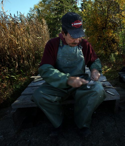 Harley Bird whets his "dressing" knives at the fishing camp readying the filleting knives to behead and gut the day's catch. October 9, 2013 - (Phil Hossack / Winnipeg Free Press)