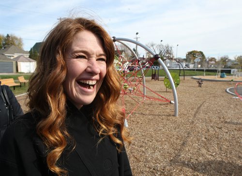 Olympic athlete Clara Hughes all smiles at the unveiling of the Clara Hughes Recreation Park which is now complete after a $758,500 redevelopment which includes new entry plaza, skate board pod, accessible playground and hockey skills area and much more- The development is close to residents heart as originally their community club at this location was demolished and funding was frozen by the city due to cutbacks- -See Mary Agnes Welch brief- Oct 15, 2013   (JOE BRYKSA / WINNIPEG FREE PRESS)