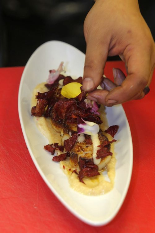 Chew Restaurant at 532 Waterloo. Dishes: Pork Belly, Seared Scallops, and Roasted Mushrooms w/Frisee Greens. BORIS MINKEVICH / WINNIPEG FREE PRESS Oct. 15, 2013