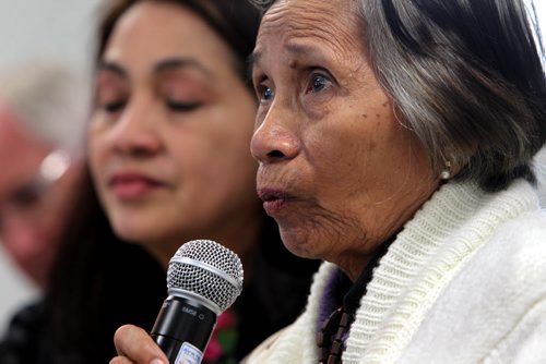 Fidencia David, 86, one of the last living  Comfort Woman survivors who was raped and taken captive by Japanese soldiers during the second world war talks to the media about her horrific experiences like they were yesterday at the Chinese Cultural Centre Thursday morning.  The Canadian Museum for Human Rights organized her visit to Winnipeg along with her therapist  Cristina Lope Rosello, a filipino therapist  to share her story on sexual slavery during the war.  Therapist in rear.  See Carol Sanders story. Oct   17,, 2013 Ruth Bonneville / Winnipeg Free Press