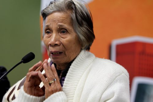 Fidencia David, 86, one of the last living  Comfort Woman survivors who was raped and taken captive by Japanese soldiers during the second world war talks to the media about her horrific experiences like they were yesterday at the Chinese Cultural Centre Thursday morning.  The Canadian Museum for Human Rights organized her visit to Winnipeg along with her therapist  Cristina Lope Rosello, a filipino therapist  to share her story on sexual slavery during the war. See Carol Sanders story. Oct   17,, 2013 Ruth Bonneville / Winnipeg Free Press