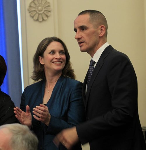 Ministers Erin Selby and Kevin Chief at the swearing in ceremony at the Manitoba Legislative Bld. Friday. Bruce Owen/ Larry Kusch stories Wayne Glowacki / Winnipeg Free Press Oct. 18 2013