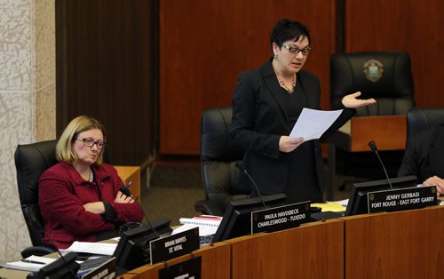 City Hall Fire Hall scandal continues at City Hall council meeting with (right) Jenny  Gerbassi (Ft Rouge Councillor) speaking to a council vote  with Paula Havixbeck (Charleswwod Tuxedo) left  KEN GIGLIOTTI / Oct. 22 2013 / WINNIPEG FREE PRESS