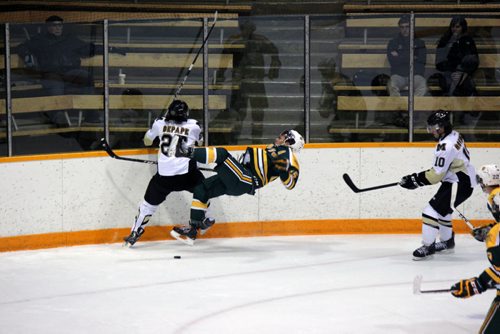 Canstar Community News The University of Manitoba Bisons men's hockey team was routed Friday night in their season opener, falling to the University of Alberta Golden bears 5-0 in front of a home crowd at Wayne Fleming Arena in the Max Bell Centre. (JORDAN THOMPSON)