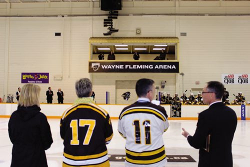 Canstar Community News In honour of former University of Manitoba Bisons hockey player and NHL coach Wayne Fleming -- who passed away in March 2013 -- the arena inside the Max Bell Centre was officially renamed as the Wayne Fleming Arena during a ceremony Friday night, ahead of the Bisons game against the visiting Alberta Golden Bears. (JORDAN THOMPSON)