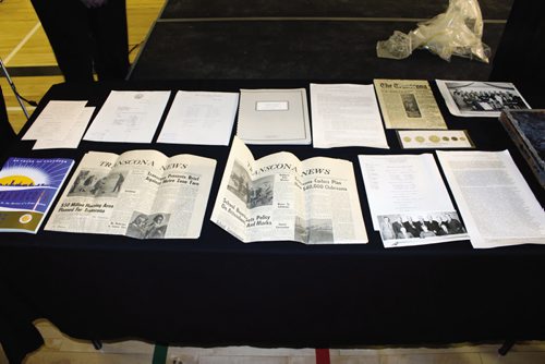 Canstar Community News Murdoch MacKay Collegiate celebrated its 50th anniversay on Saturday with a ceremony that included opening a time capsule that was buried in the school's walls in 1963. Pictured are all of the items found within. (JORDAN THOMPSON)