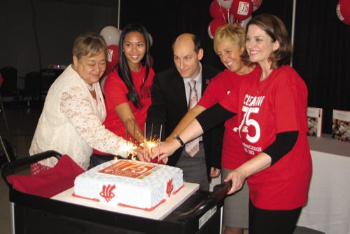 Canstar Community News Oct. 9, 2013 - (Left to right) Elder Levinia Brown, RRCSA president Jocelle Cuvos, chair of RRC's board of governors Richard Lennon, RRC president and CEO Stephanie Forsyth and Hon. Erin Selby cut RRC's 75th anniversary cake. (JARED STORY, CANSTAR COMMUNITY NEWS, THE TIMES)