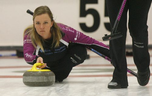 Skip Chelsea Carey in a game Friday morning in the 2013 Women's Curling Classic at the Fort Rouge Curling Club against Team Fallis.  Tim Campbell  story. Wayne Glowacki / Winnipeg Free Press Oct. 25 2013