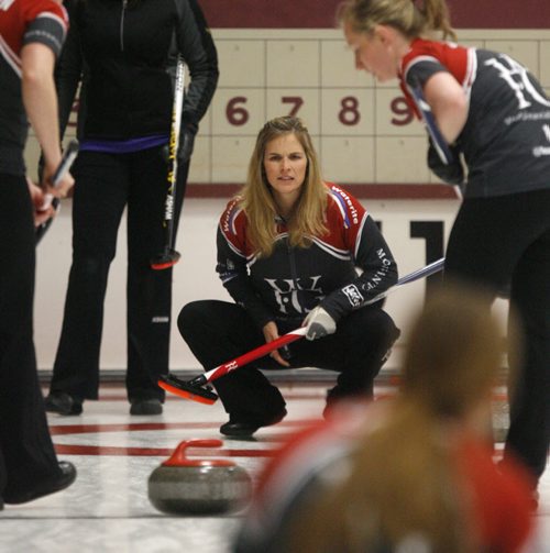 Skip Jennifer Jones (centre) in a game Friday morning in the 2013 Women's Curling Classic at the Fort Rouge Curling Club against Team Fordyce.  Tim Campbell  story. Wayne Glowacki / Winnipeg Free Press Oct. 25 2013