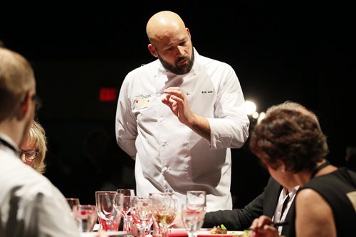 October 25, 2013 - 131025  -    Judges speak to competitor Eric Lee after he entered his appetizer during the Gold Medal Plates competition at the Convention Centre Friday, October 25, 2013. Gold Medal Plates is an annual competition that celebrates Canadas culinary stars while raising funds for the Canadian Olympic Foundation. Eight of Winnipegs best chefs -- Timothy Palmer (The Velvet Glove), Eric Lee (Pizzeria Gusto), Kelly Cattani  (Elements the Restaurant, by Diversity), Tristan Foucault (Peasant Cookery), Terry Gereta (Mise, Haute Prairie Cuisine), Simon Resch (Terrace in the Park), Michael Schafer (Sydneys at the Forks) and Jason Sopel (Chaise Restaurant & Lounge)-- will be competing John Woods / Winnipeg Free Press