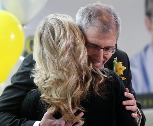 Gord Steeves hugs his wife Lorri today after he announced at Assiniboine Park in WInnipeg that he will run for Mayor in the 2014 election -See Bartley Kives story- OCTOBER 28, 2013    (JOE BRYKSA / WINNIPEG FREE PRESS)