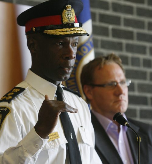 Police Chief Devon Clunis and Councillor Scott Fielding, Chair, Winnipeg Police Board at the news conference regarding the Operational Review conducted on the Winnipeg Police Service Tuesday in the Administration Building at City Hall. Aldo Santin/Dan Lett stories  Wayne Glowacki / Winnipeg Free Press Oct. 29 2013