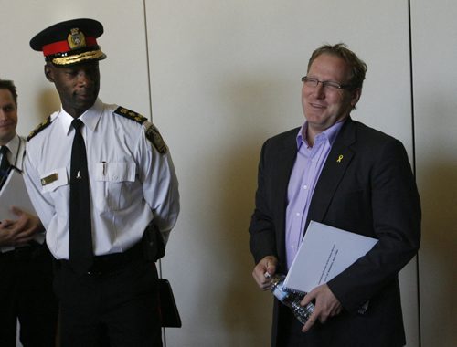 Police Chief Devon Clunis and Councillor Scott Fielding, Chair, Winnipeg Police Board at the news conference Tuesday in the Administration Building at City Hall. Aldo Santin/Dan Lett stories  Glowacki / Winnipeg Free Press Oct. 29 2013