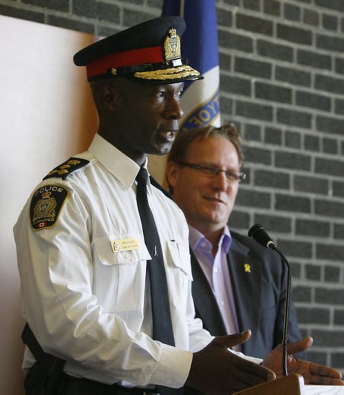 Police Chief Devon Clunis and Councillor Scott Fielding, Chair, Winnipeg Police Board at the news conference  regarding the Operational Review conducted on the Winnipeg Police Service Tuesday in the Administration Building at City Hall. Aldo Santin/Dan Lett stories  Wayne Glowacki / Winnipeg Free Press Oct. 29 2013