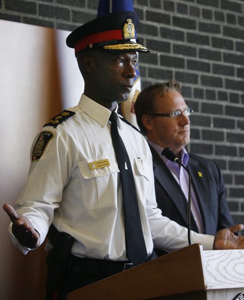 Police Chief Devon Clunis and Councillor Scott Fielding, Chair, Winnipeg Police Board at the news conference  regarding the Operational Review conducted on the Winnipeg Police Service in the Administration Building at City Hall Tuesday. Aldo Santin/Dan Lett stories  Wayne Glowacki / Winnipeg Free Press Oct. 29 2013