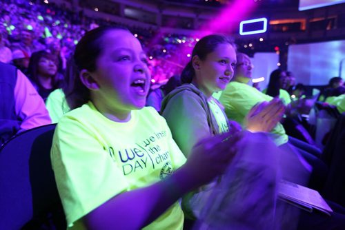 Caitie McHugh (front) and  Brynn McGinnis  of Lincoln School scream with excitement during We Day events at MTS Centre Wednesday morning. October 30,  2013 Ruth Bonneville / Winnipeg Free Press